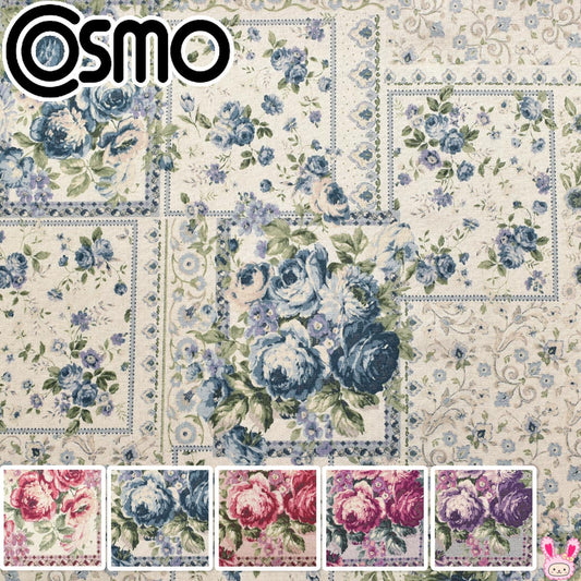 アンティークな薔薇とフレーム綿麻キャンバス生地AP41810-2コスモ(30cm以上10cm単位切り売り)「在庫限り」