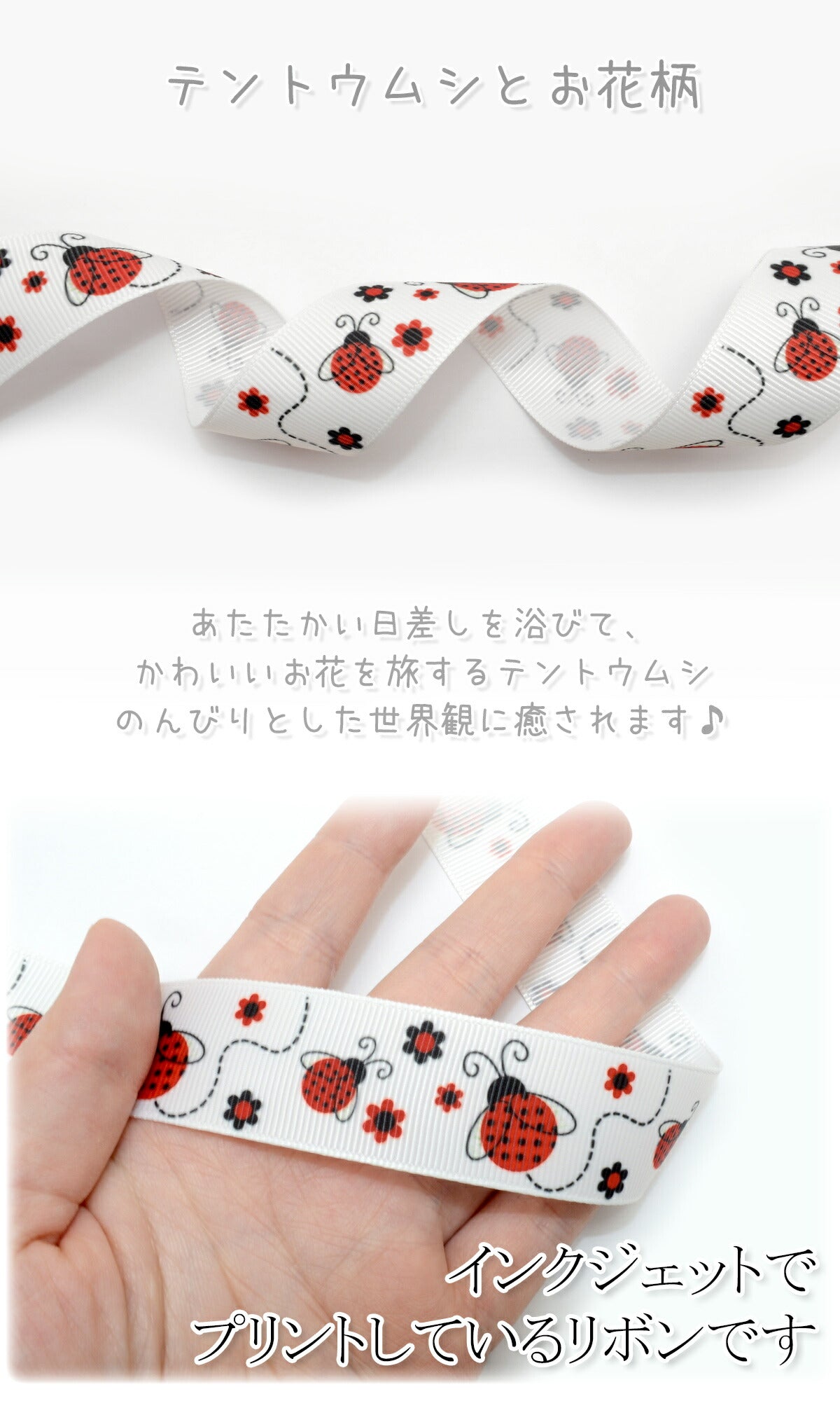 プリントリボンのんびりテントウムシとお花リボン幅25mm1m単位切り売り(2m以上)