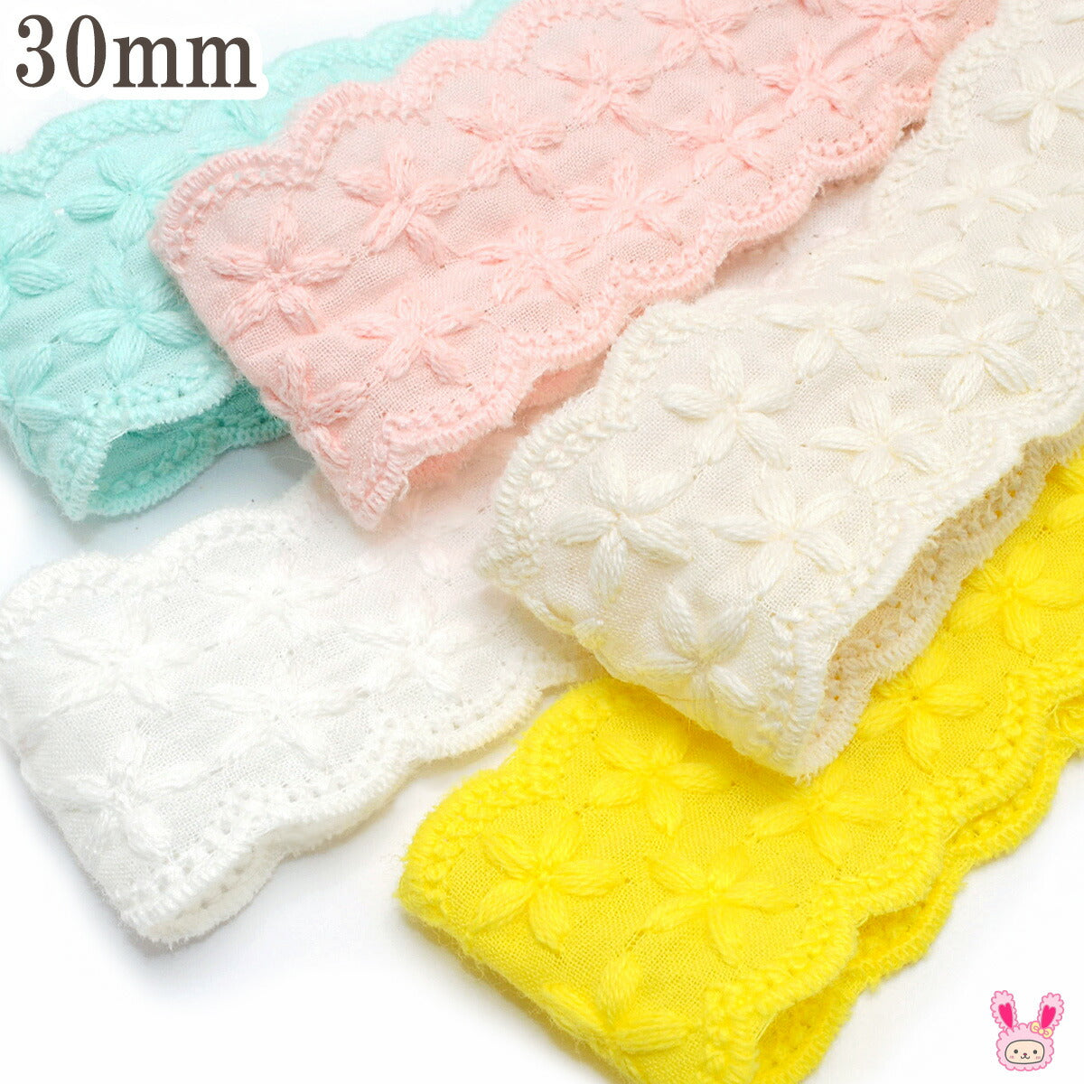 ふんわり花柄スカラップ刺繍リボン幅30mm1m単位切り売り