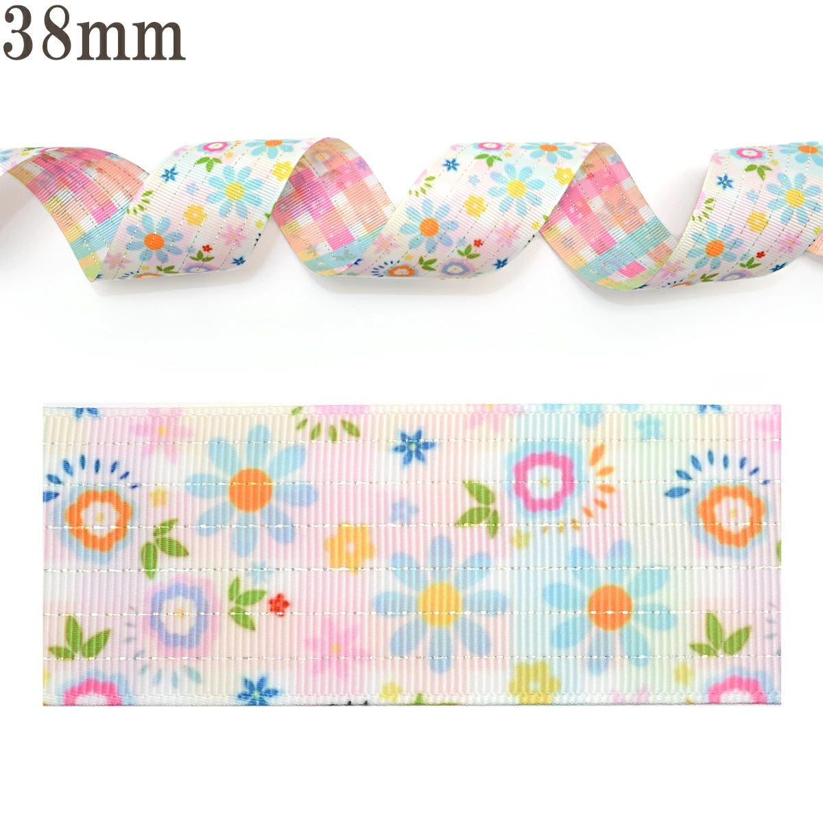 両面プリントリボンパステルチェックとお花パーティリボン幅38mm1m単位切り売り★