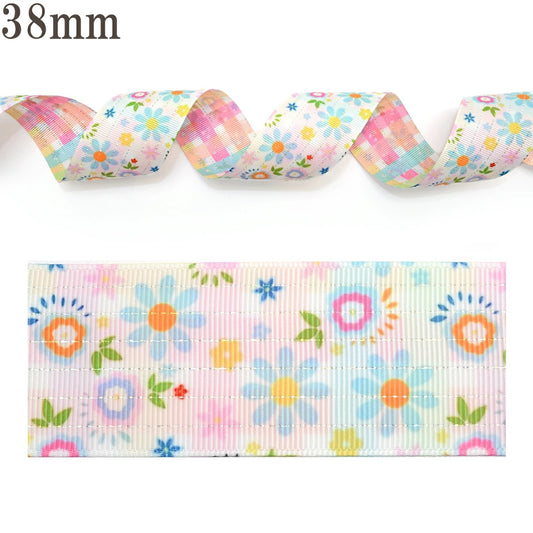 両面プリントリボンパステルチェックとお花パーティリボン幅38mm1m単位切り売り★