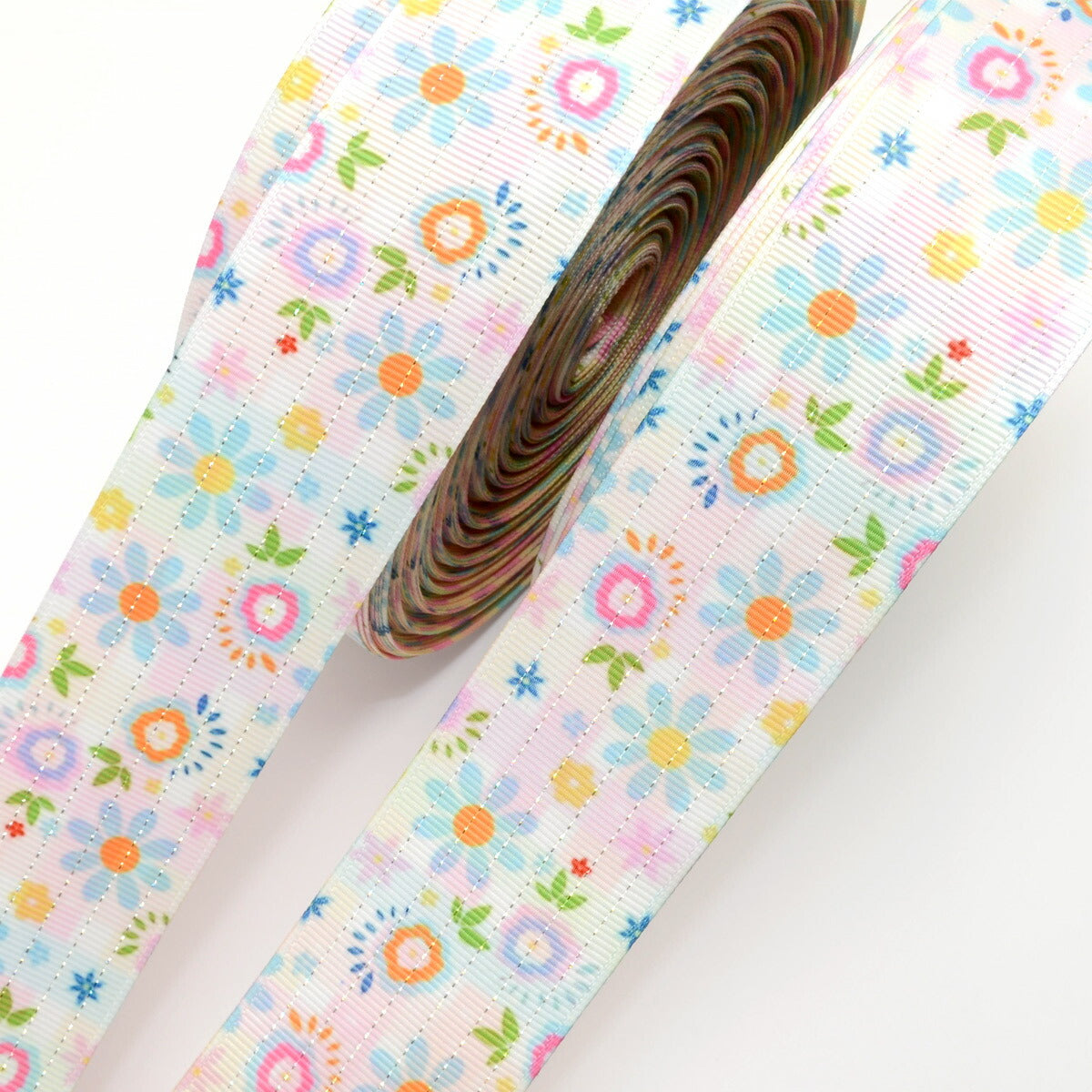 両面プリントリボンパステルチェックとお花パーティリボン幅38mm1m単位切り売り★