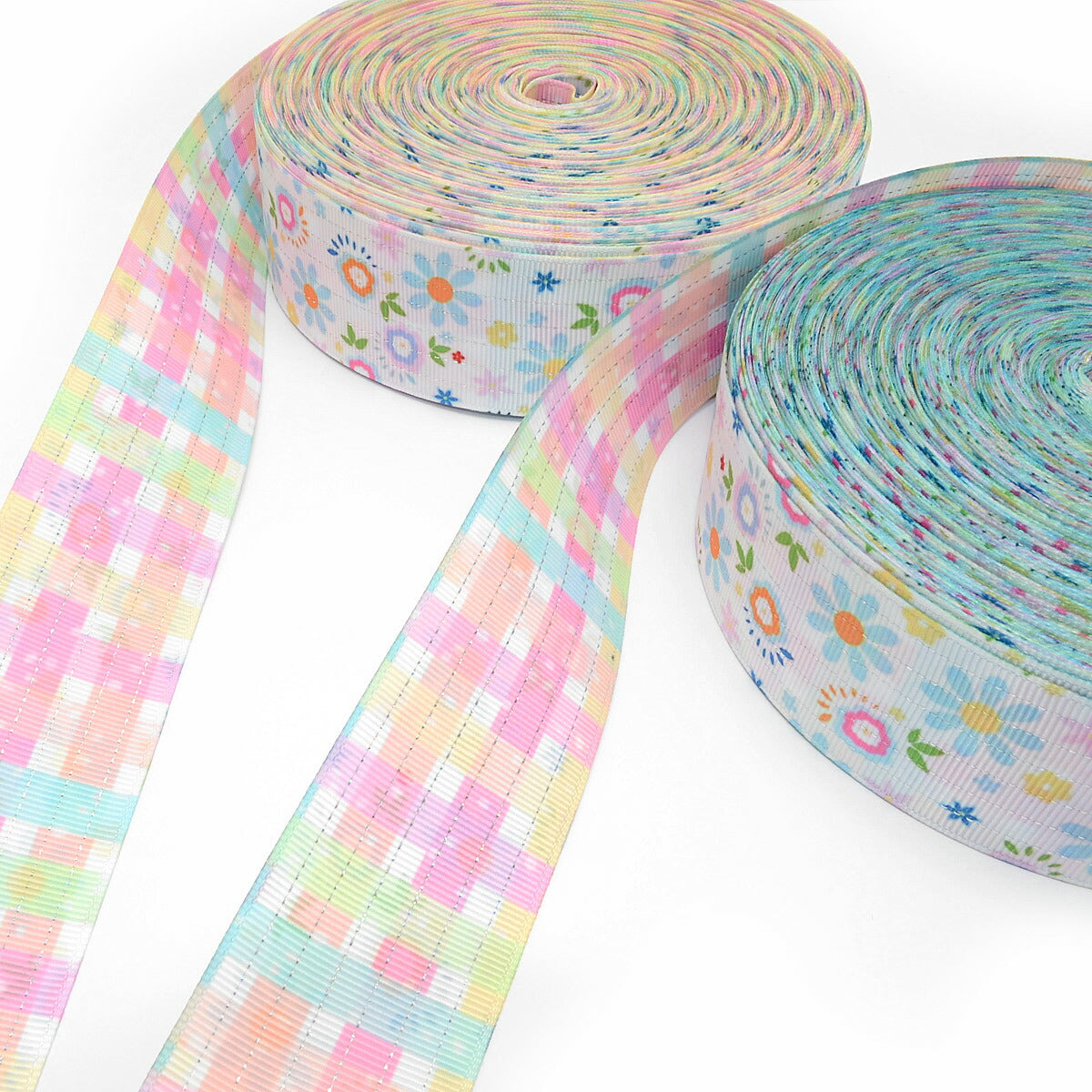 両面プリントリボンパステルチェックとお花パーティリボン幅38mm1m単位切り売り★