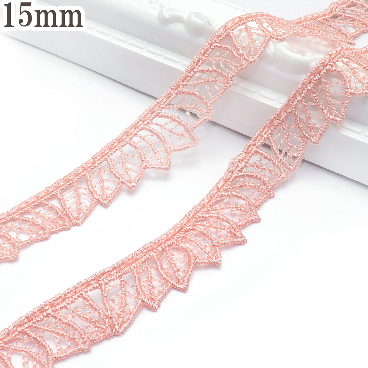 ピンクリーフのレースブレード幅15ｍｍ10cm単位切り売り(70cm以上)「在庫限り」