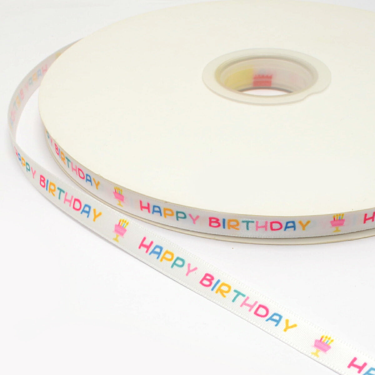 プリントリボンHAPPYBIRTHDAYとケーキのサテンリボン幅10mm1m単位切り売り(4m以上)