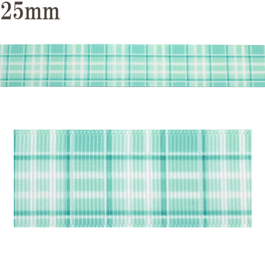 プリントリボンアクアチェックリボン幅25mm1m単位切り売り(3m以上)
