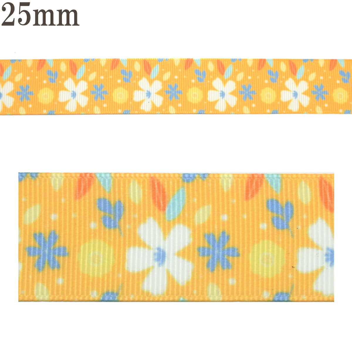 プリントリボンオレンジイエローの花柄リボン幅25mm1m単位切り売り(3m以上)