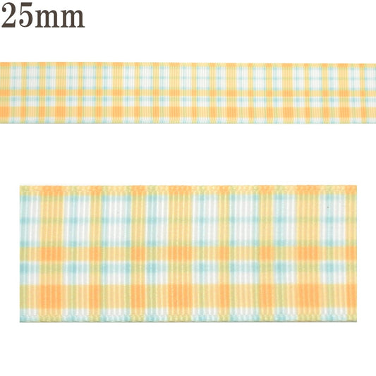 プリントリボンミントオレンジのチェックリボン幅25mm1m単位切り売り(3m以上)