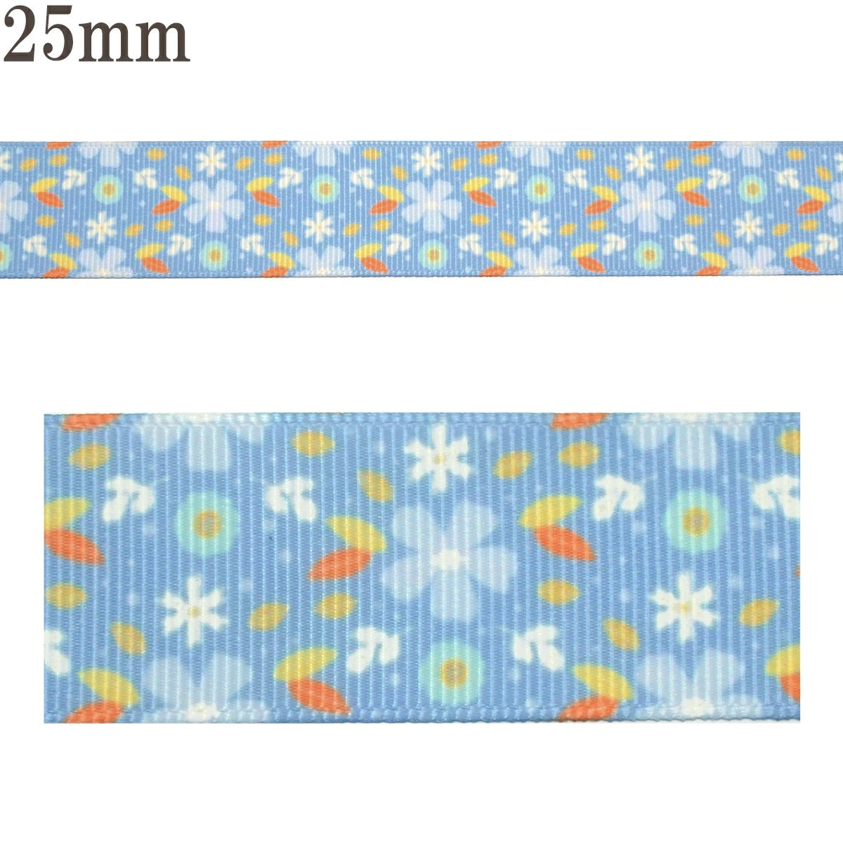 プリントリボンガーリーブルーの花柄リボン幅25mm1m単位切り売り(3m以上)