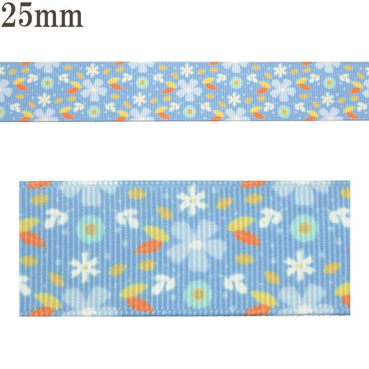 プリントリボンガーリーブルーの花柄リボン幅25mm1m単位切り売り(3m以上)
