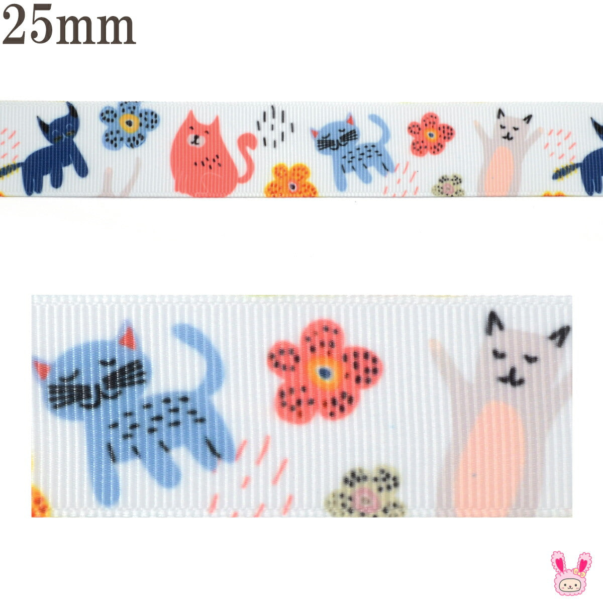 プリントリボン北欧風ハッピーにゃんこリボン幅25mm1m単位切り売り(3m以上)