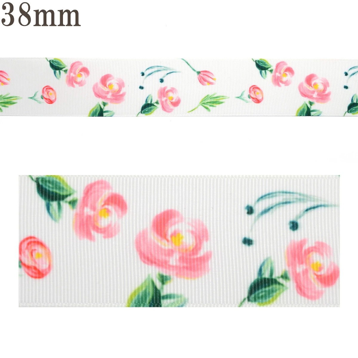 プリントリボン風に舞うピンクのお花リボン幅38mm1m単位切り売り(3m以上)「在庫限り」