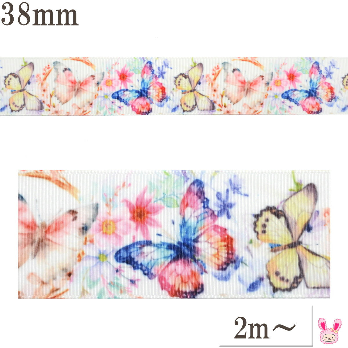プリントリボン優美な蝶々リボン幅38mm1m単位切り売り(2m以上)「在庫限り」