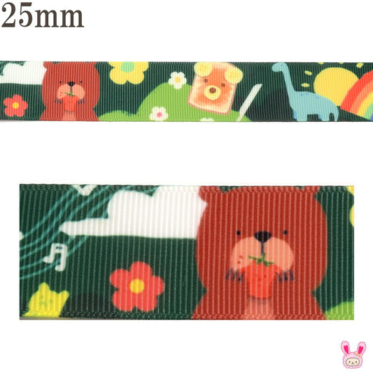プリントリボンメルヘン森の動物リボン幅25mm1m単位切り売り(3m以上)「在庫限り」