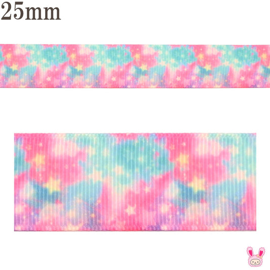 プリントリボンメルヘンピンクと水色のコスモリボン幅25mm1m単位切り売り(3m以上)