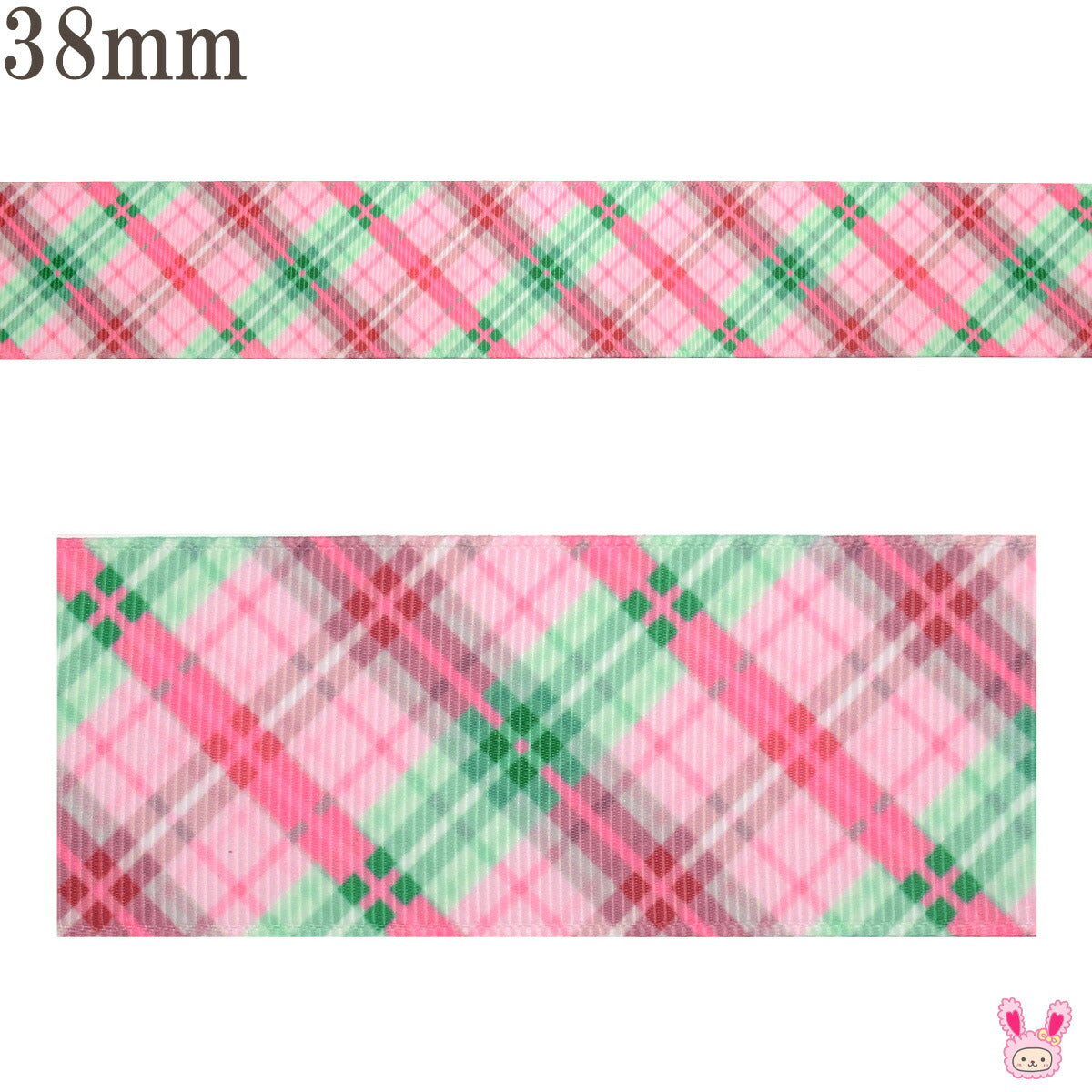 プリントリボンピンクとグリーンのシャープチェックリボン幅38mm1m単位切り売り(2m以上)