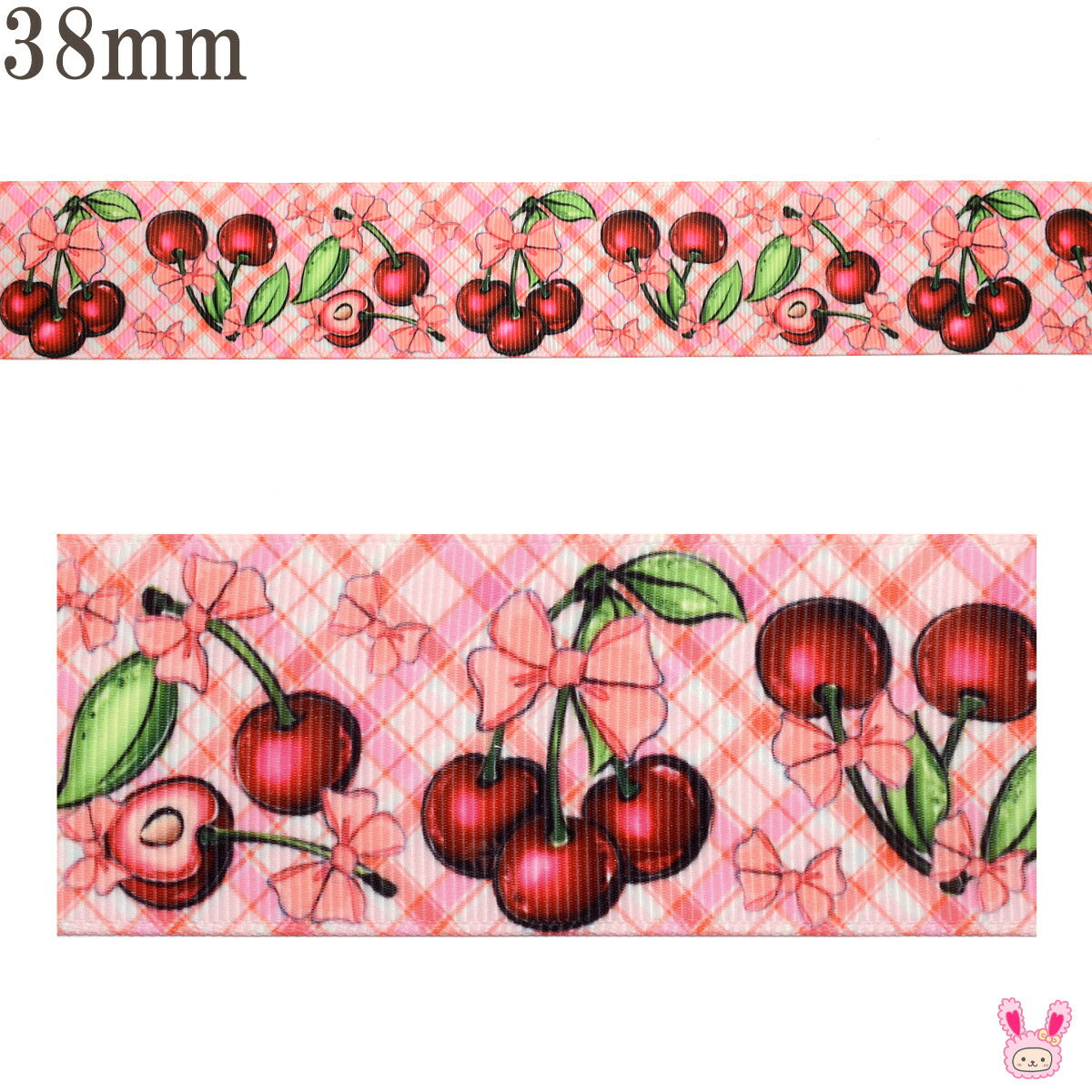 プリントリボンガーリーさくらんぼチェックリボン幅38mm1m単位切り売り(2m以上)「在庫限り」