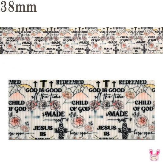 プリントリボンロックな十字と文字リボン幅38mm1m単位切り売り(2m以上)「在庫限り」