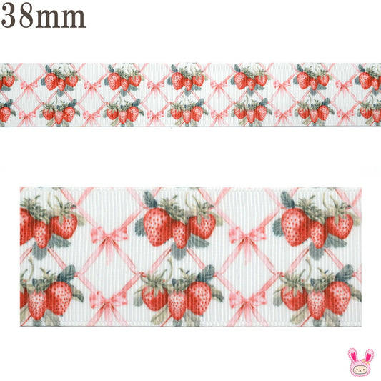プリントリボンイチゴとリボンフェンスリボン幅38mm1m単位切り売り(2m以上)