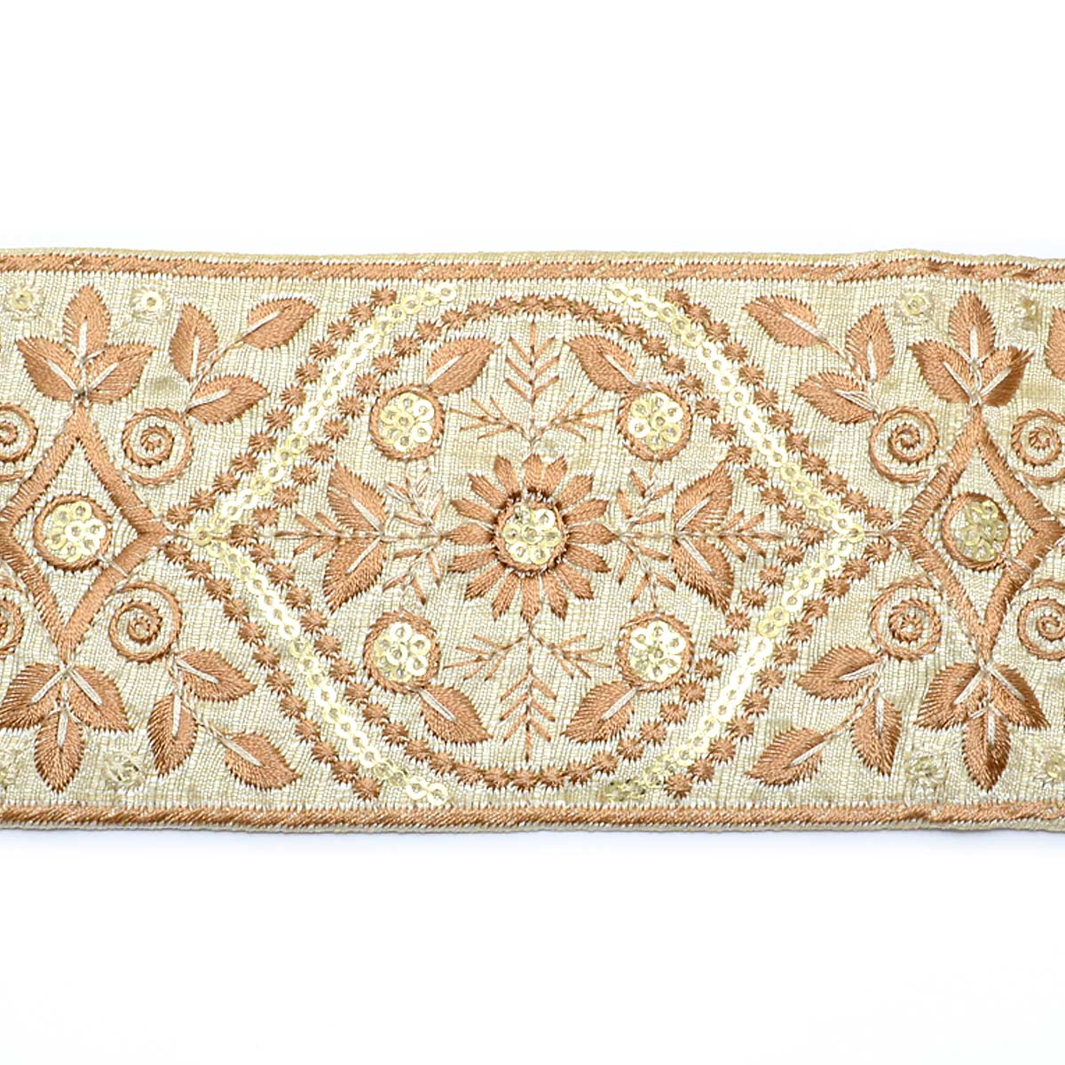 インド刺繍リボン　金のスパンコール付きブラウンの植物柄リボン　幅80mm　約13cm単位　切り売り　「在庫限り」
