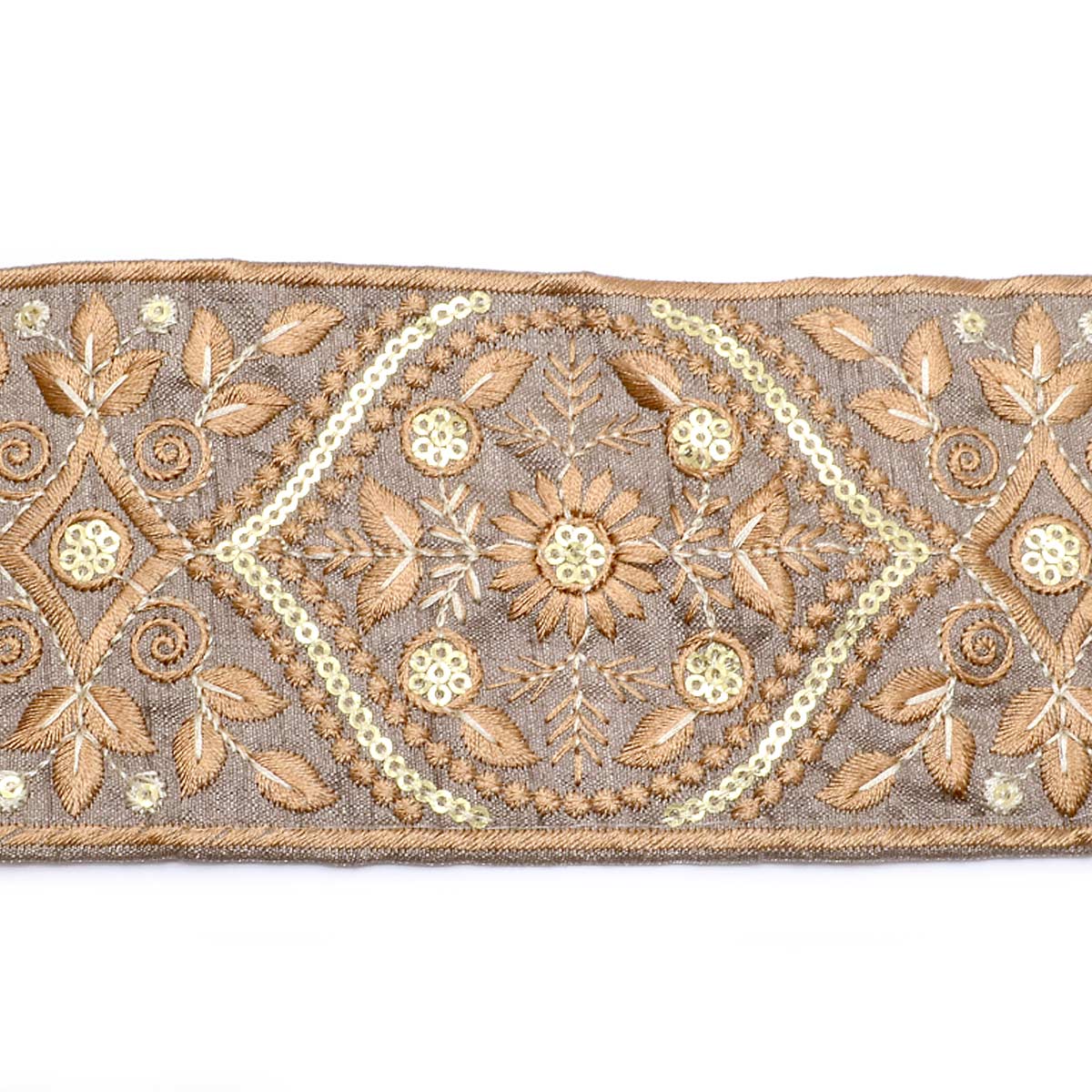 インド刺繍リボン　金のスパンコール付きブラウンの植物柄リボン　幅80mm　約13cm単位　切り売り　「在庫限り」