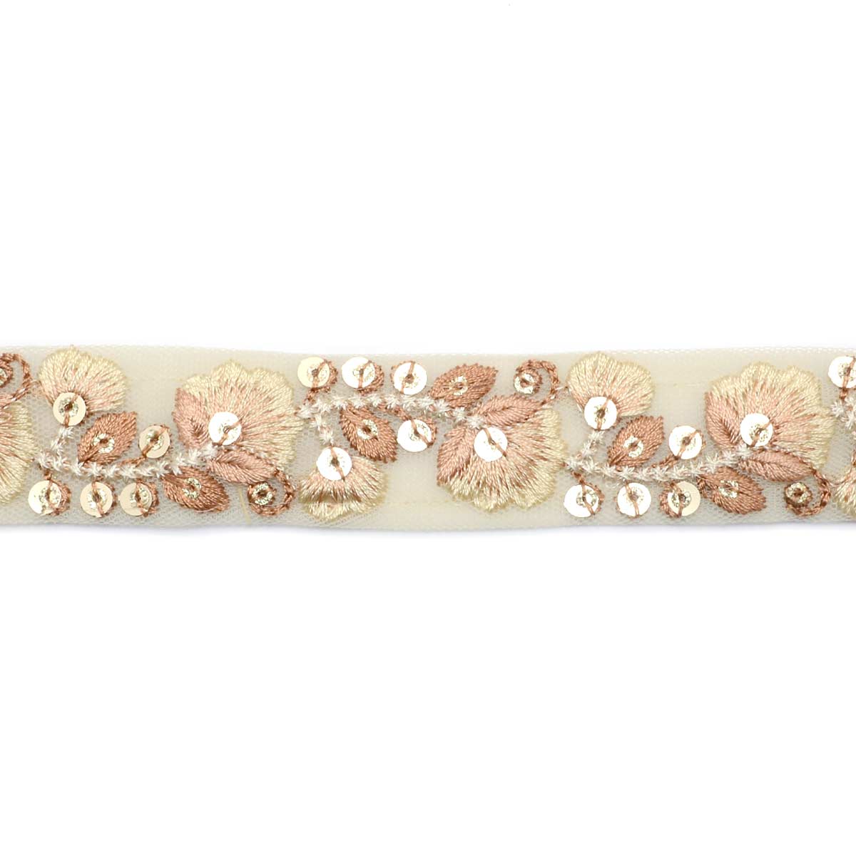 インド刺繍リボン　メッシュと淑やかな花柄の刺繍リボン　幅25mm　10cm単位　切り売り　(30cm以上)　「在庫限り」