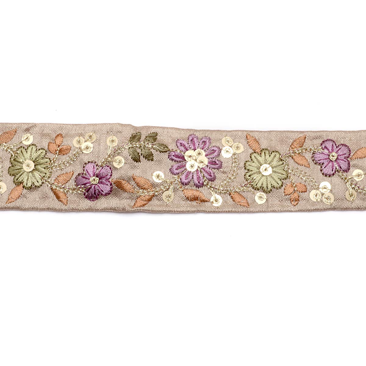 インド刺繍リボン　スパンコール付き金の茎の花柄刺繍リボン　幅35mm　10cm単位　切り売り　(30cm以上)　「在庫限り」