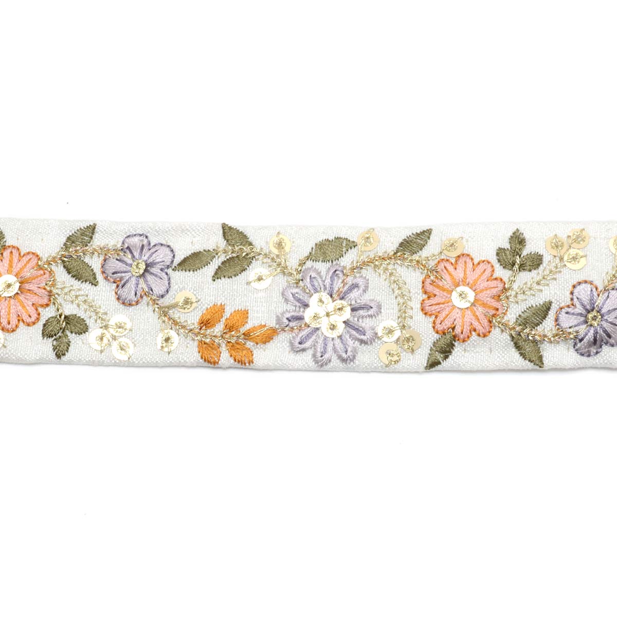 インド刺繍リボン　スパンコール付き金の茎の花柄刺繍リボン　幅35mm　10cm単位　切り売り　(30cm以上)　「在庫限り」