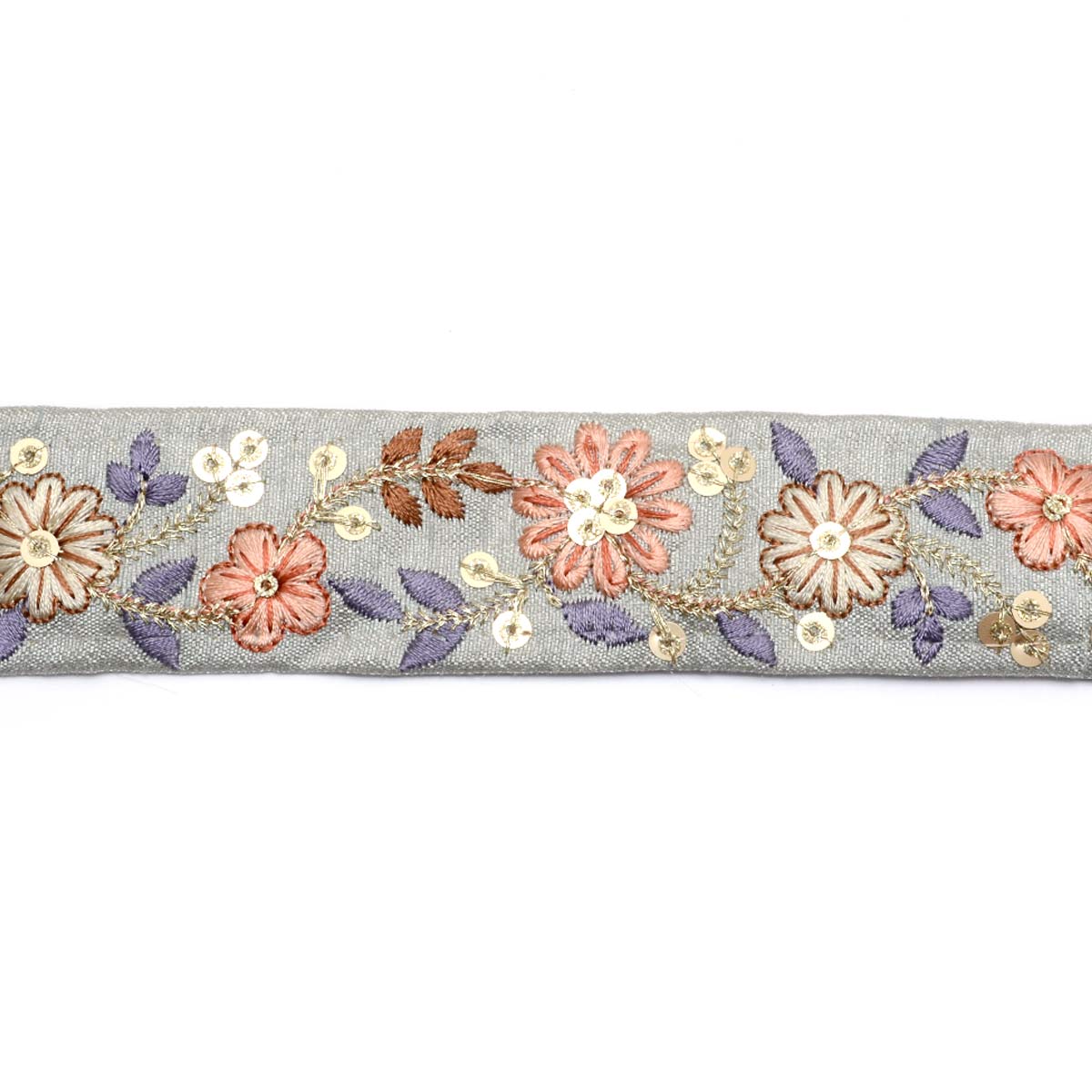 インド刺繍リボン　スパンコール付き金の茎の花柄刺繍リボン　幅35mm　10cm単位　切り売り　(30cm以上)　「在庫限り」