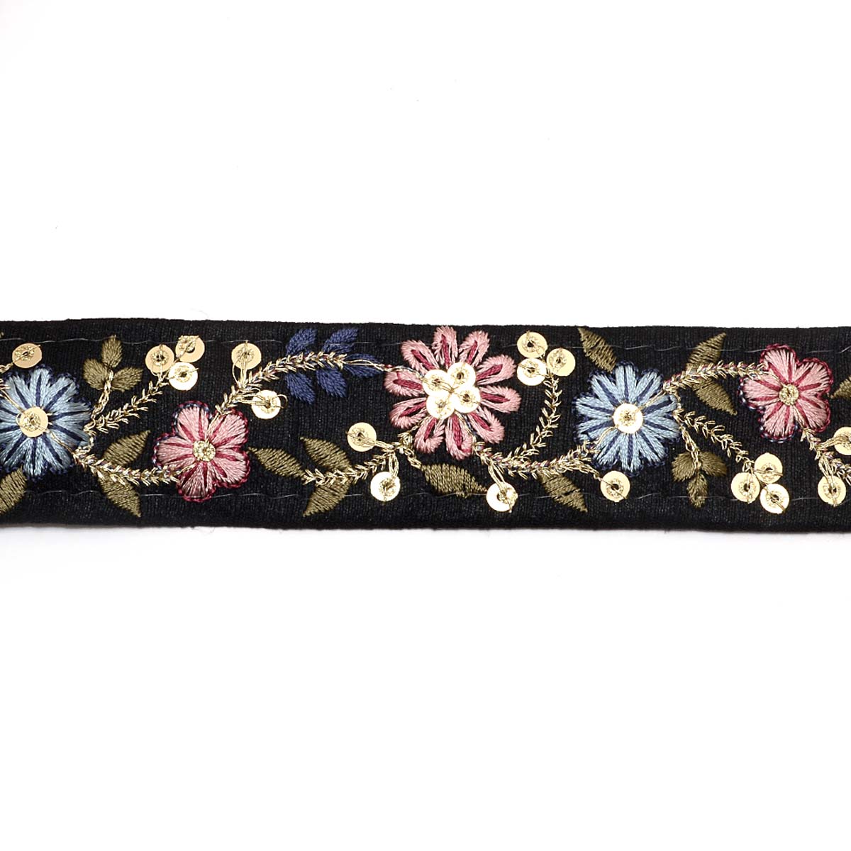 インド刺繍リボン　スパンコール付き金の茎の花柄刺繍リボン　幅35mm　10cm単位　切り売り　(30cm以上)　「在庫限り」