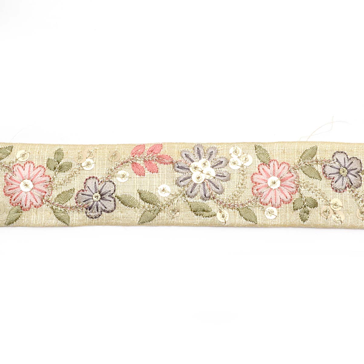 インド刺繍リボン　スパンコール付き金の茎の花柄刺繍リボン　幅35mm　10cm単位　切り売り　(30cm以上)　「在庫限り」