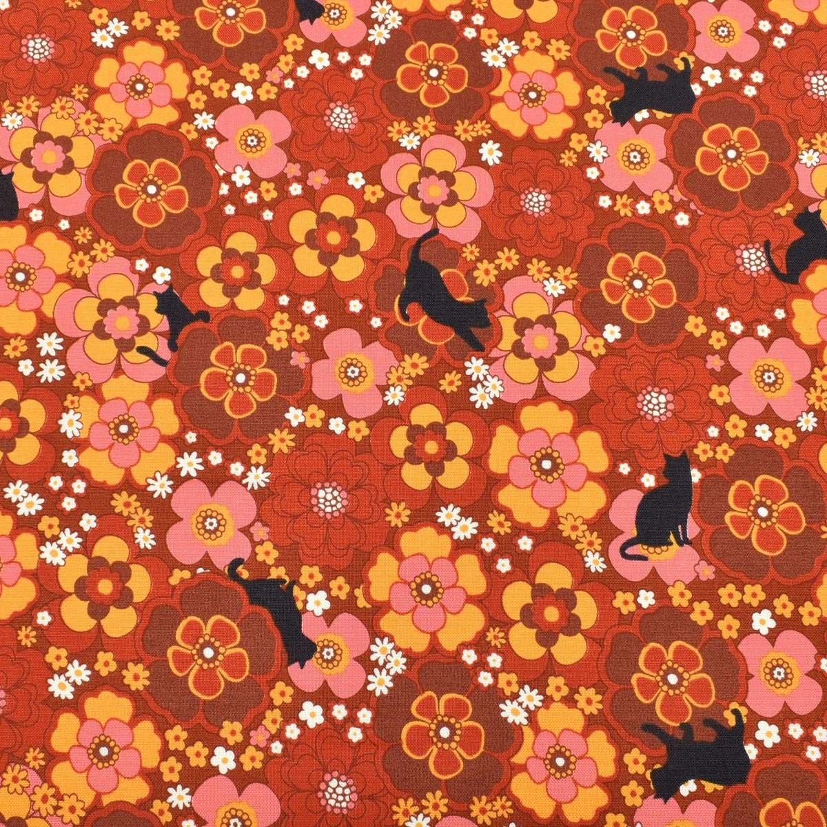 猫とレトロフラワー　シーチング生地　 NN2304-12　コスモ　(30cm以上10cm単位切り売り)　「在庫限り」