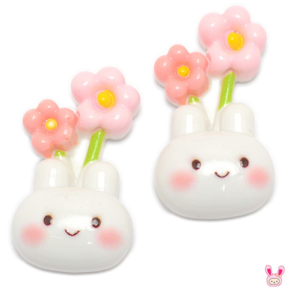デコパーツ白いうさぎとお花パーツ4個入