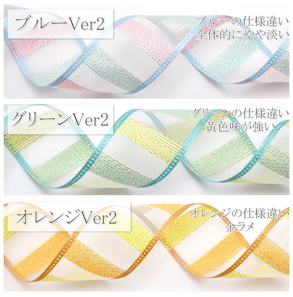 ラメ入りゆめかわボーダーのオーガンジーリボン幅25mm1m単位切り売り(2m以上)