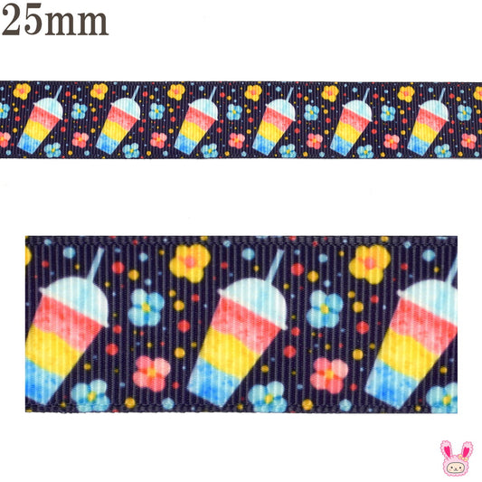 プリントリボンミニミニお花と虹色カップの宇宙リボン幅25mm1m単位切り売り(2m以上)★