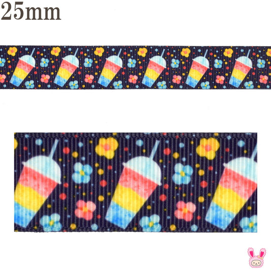 プリントリボンミニミニお花と虹色カップの宇宙リボン幅25mm1m単位切り売り「在庫限り」(2m以上)
