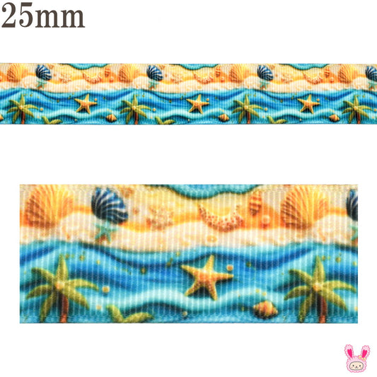 プリントリボン貝とヒトデと浜辺リボン幅25mm1m単位切り売り(2m以上)