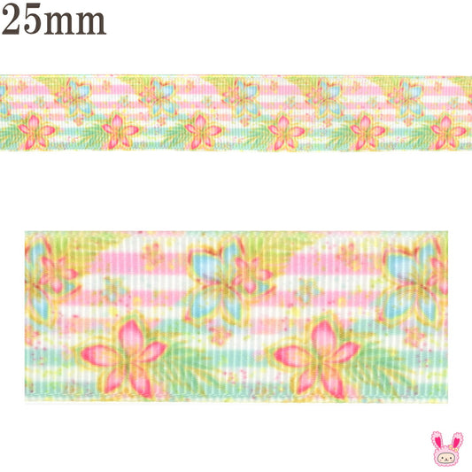 プリントリボン南国風2色のお花とボーダーリボン幅25mm1m単位切り売り(3m以上)★