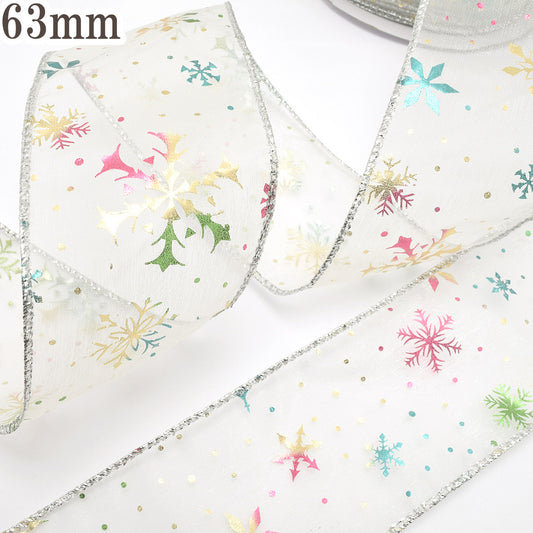 クリスマスワイヤー入り七色箔押しのシアー雪リボン幅63mm1m単位切り売り