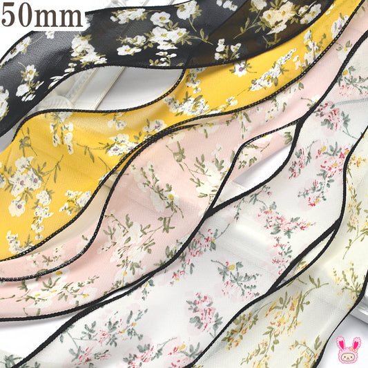 ナイロン糸入りおとなかわいい花柄シフォンリボン幅50mm1m単位切り売り(2m以上)「在庫限り」