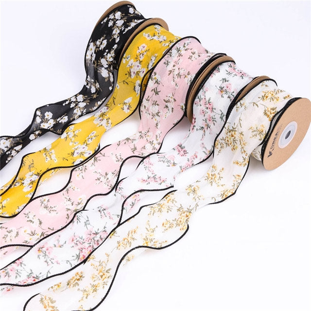 ナイロン糸入りおとなかわいい花柄シフォンリボン幅50mm1m単位切り売り(2m以上)「在庫限り」