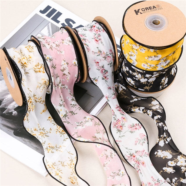 ナイロン糸入りおとなかわいい花柄シフォンリボン幅50mm1m単位切り売り(2m以上)「在庫限り」