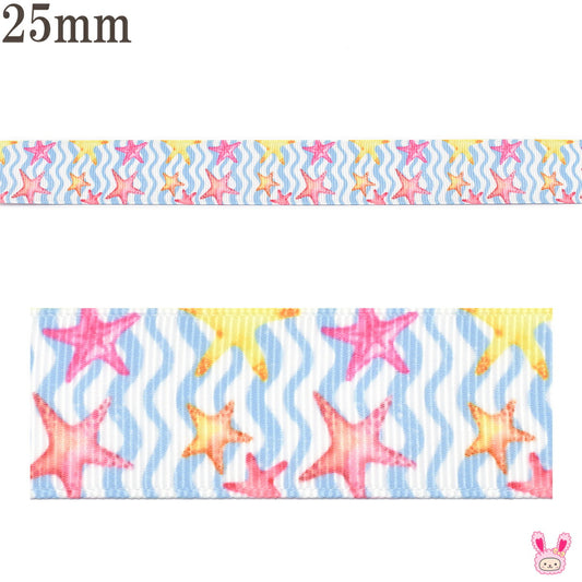 プリントリボンなみなみ模様と2色のヒトデリボン幅25mm1m単位切り売り(3m以上)
