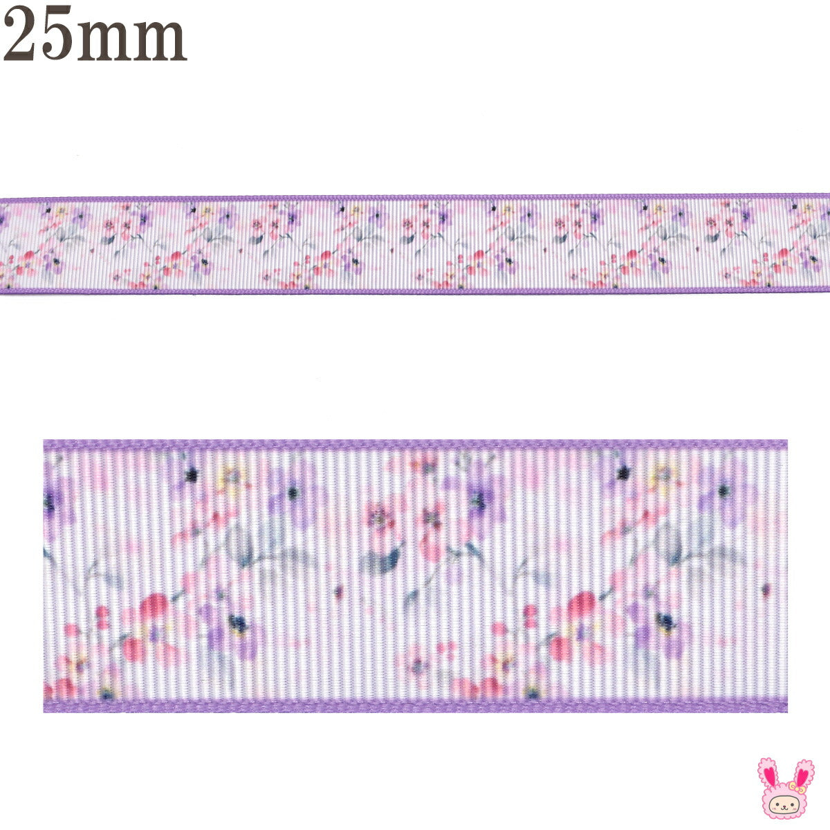 両面プリントリボン中国水彩画風な紫の花柄リボン幅25mm1m単位切り売り(2m以上)「在庫限り」
