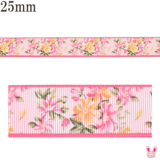 両面プリントリボンピンクとイエローの花柄ダブルフェイスリボン幅25mm1m単位切り売り(2m以上)「在庫限り」