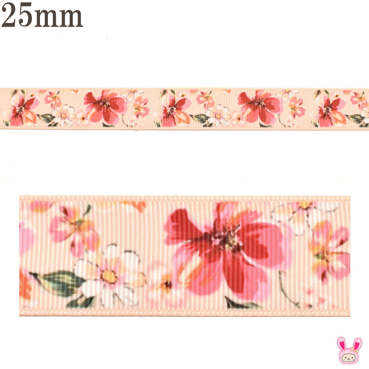両面プリントリボン風に揺らぐ赤と白とピーチピンクの花柄リボン幅25mm1m単位切り売り(2m以上)