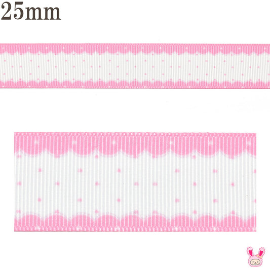 プリントリボンピンクのスカラップとシャワードット柄リボン幅25mm1m単位切り売り(2m以上)