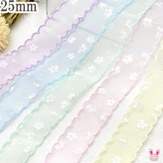ゆめかわスカラップと箔押し花柄リボン幅25mm1m単位切り売り(2m以上)