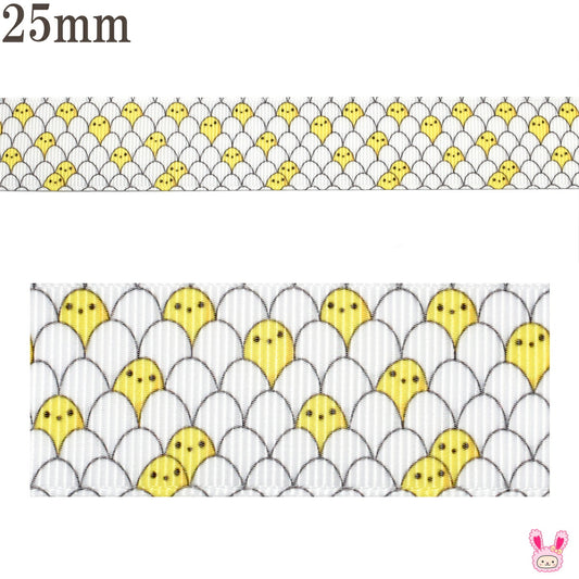 プリントリボン卵と黄色いヒヨコリボン幅25mm1m単位切り売り(2m以上)「在庫限り」