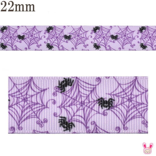 プリントリボンハロウィンくるくるクモの巣なパープルリボン幅22mm1m単位切り売り(3m以上)